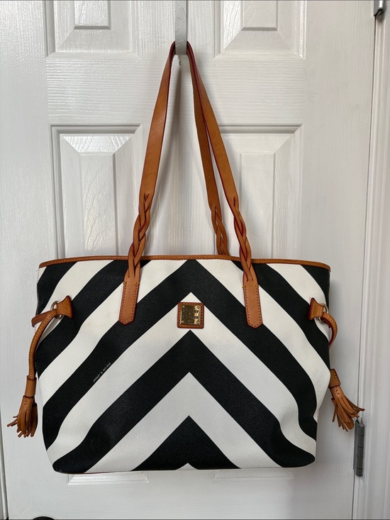 Dooney & Bourke Handbags - Dooney & Bourke Black and White Chevron Tote with Brown Trim